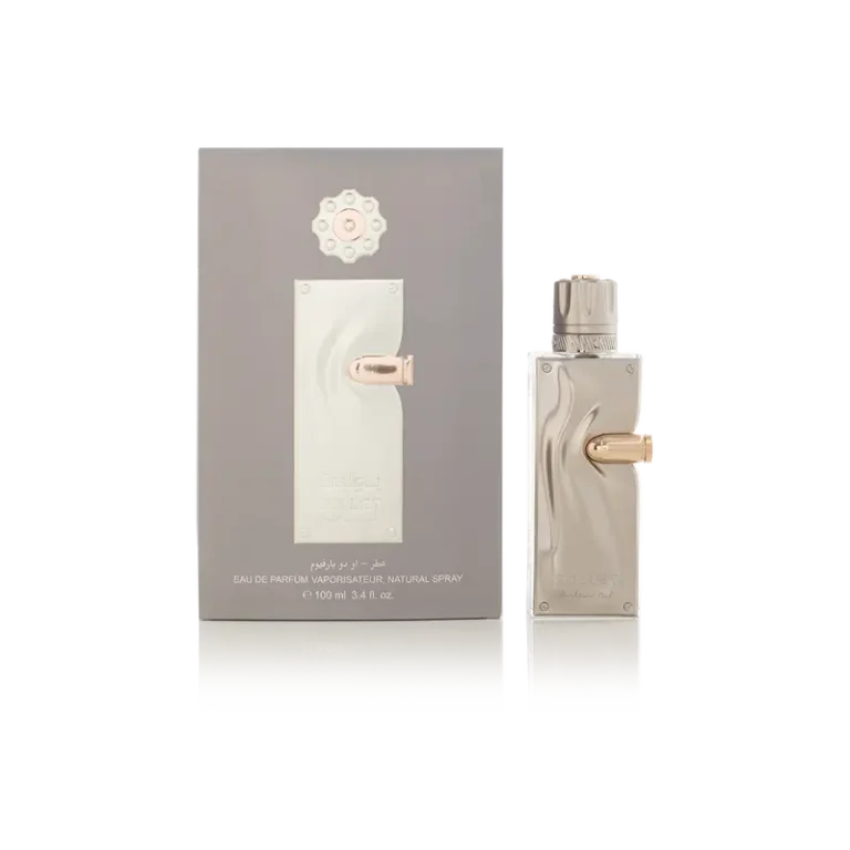Frasco de perfume plateado y dorado con proyectil de oro incrustado