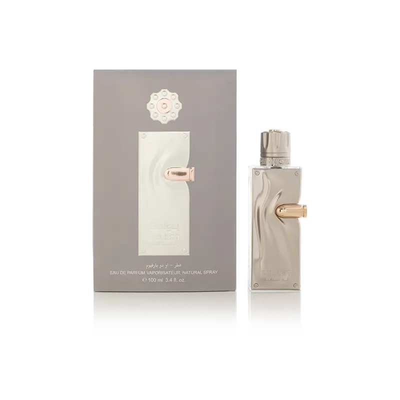 Frasco de perfume plateado y dorado con proyectil de oro incrustado